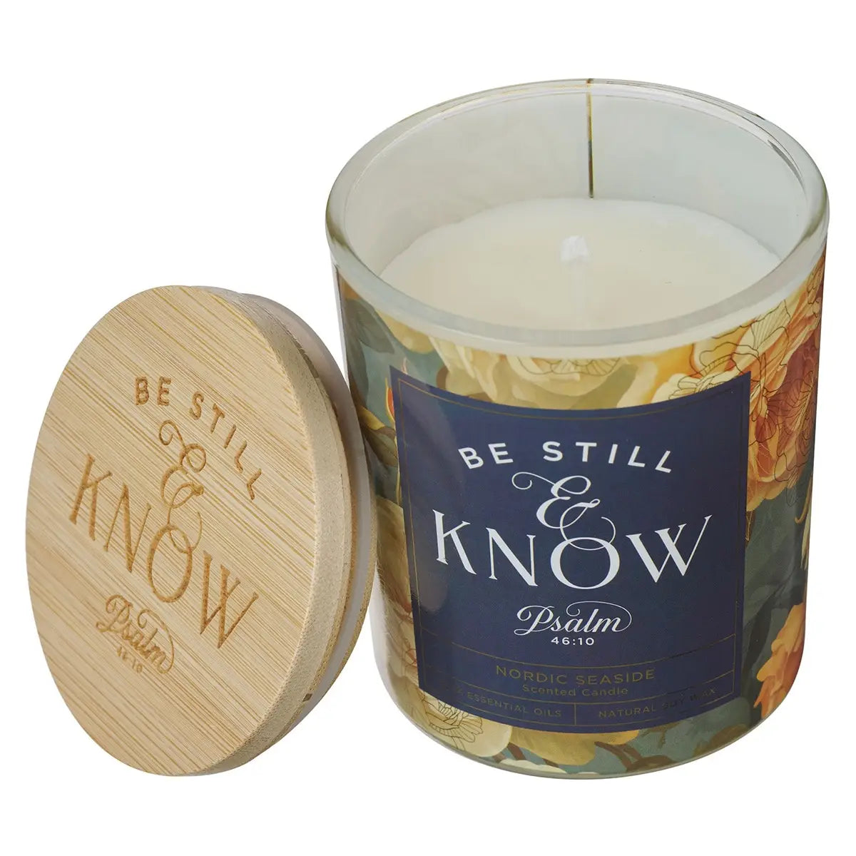 Glass Candle with Bamboo Lid Floral Be Still Ps. 46:10