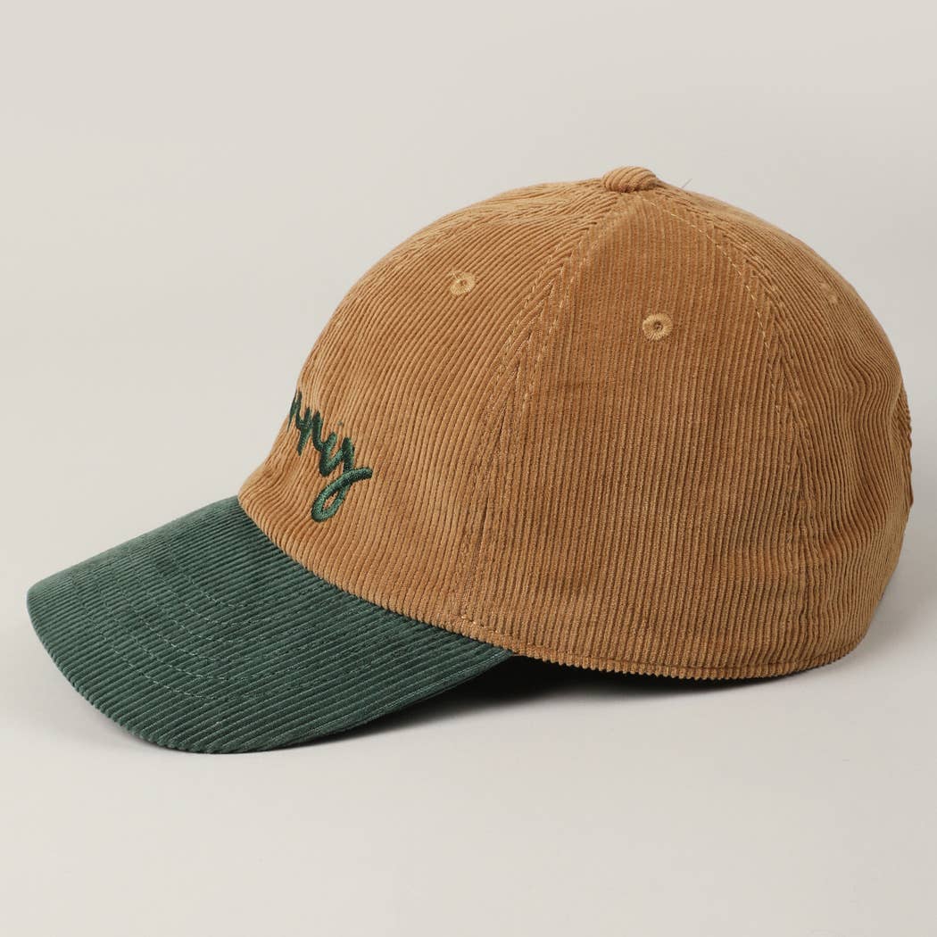 Merry Text Embroidery Two-Tone Corduroy Hat