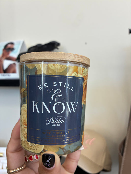 Glass Candle with Bamboo Lid Floral Be Still Ps. 46:10