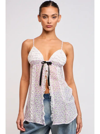 Floral See-Through Front Tie Lace Trim Top