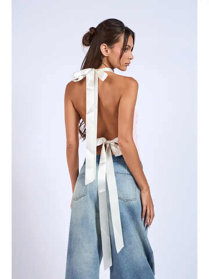 Backless Double Tie Flower Point Knit Sweater Top