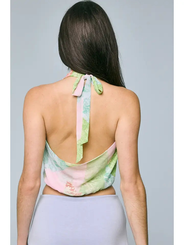 Sundry Park Halter Tie V-Neck Back Strap Mesh Top