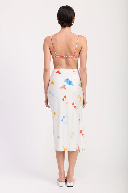 Printed Satin Midi Skirt with Side Ruche