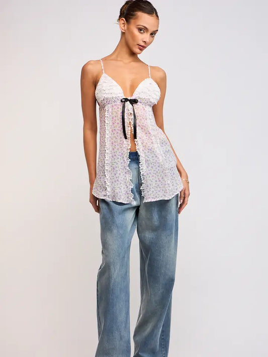 Floral See-Through Front Tie Lace Trim Top