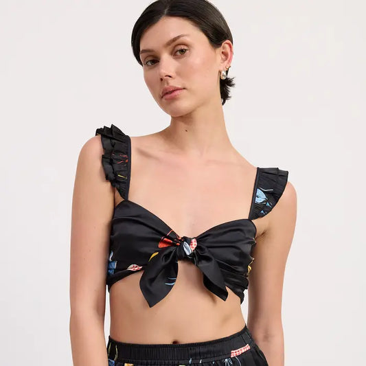 Tie Front Bralette Top with Puff Sleeves