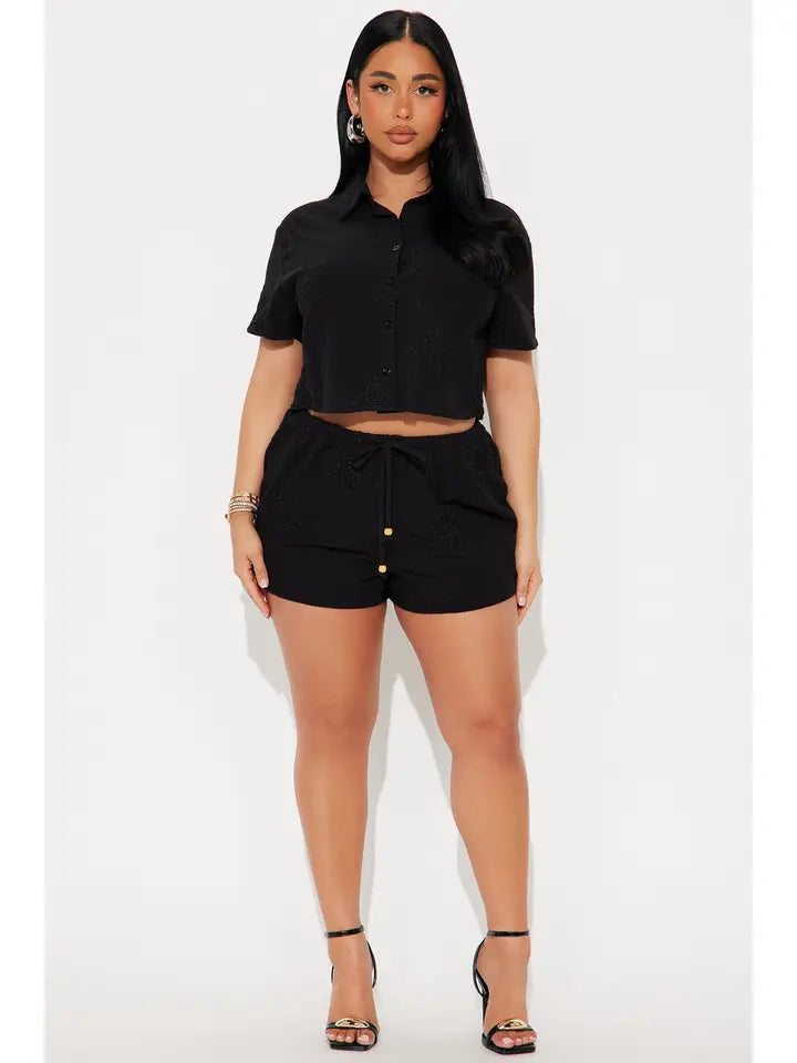 Embroidered Shirt Crop Top & Shorts Set