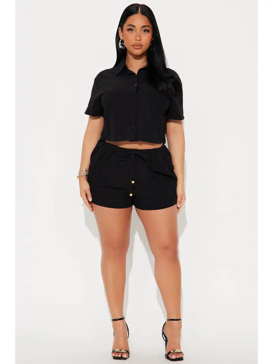 Embroidered Shirt Crop Top & Shorts Set
