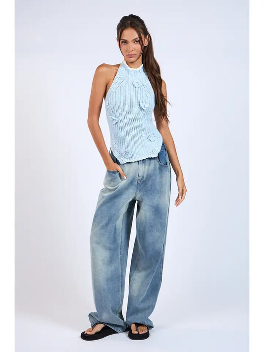 Backless Double Tie Flower Point Knit Sweater Top