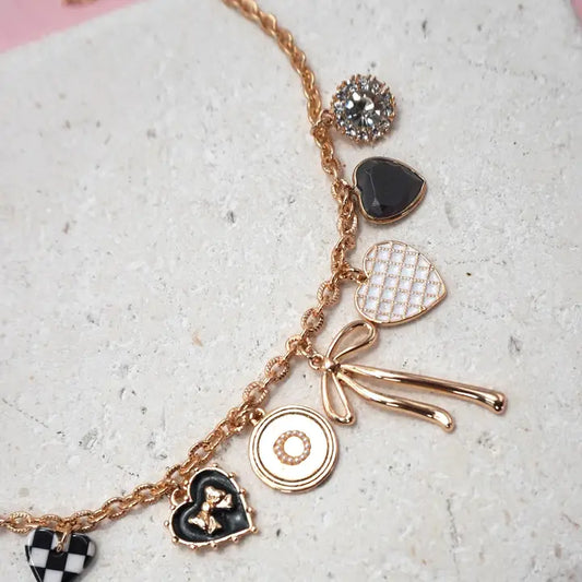 Charm Necklace-Bow Checker Heart Rhinestone