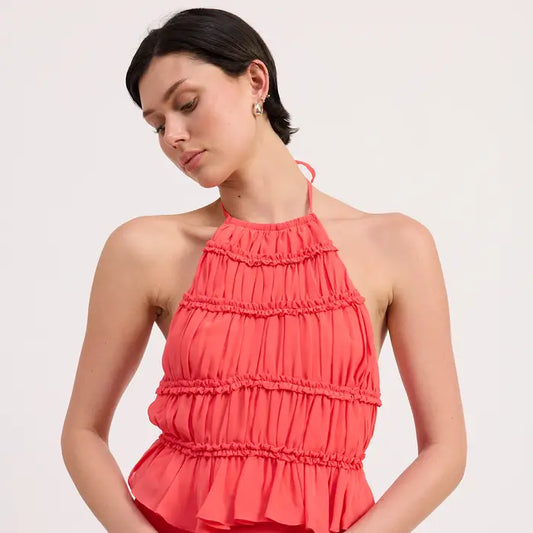 Smocked Ruffle Halter Neck Top
