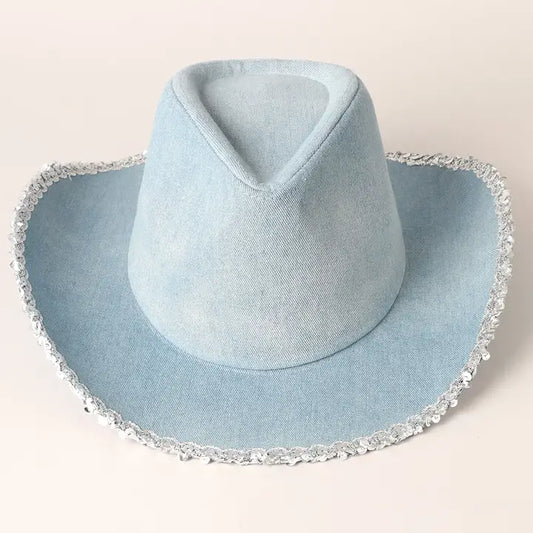 Denim Cowboy Hat With Sequins In The Edge
