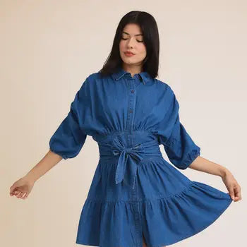 Balloon Sleeve Tiered Shirt Dress