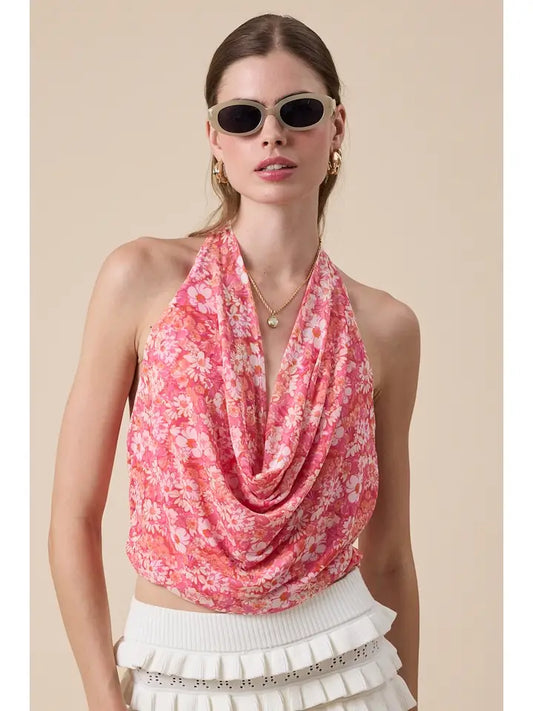 Pink Floral Halter Tie V-Neck Back Strap Mesh Top