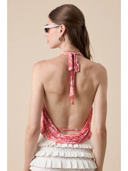 Pink Floral Halter Tie V-Neck Back Strap Mesh Top