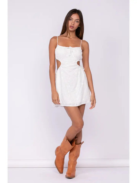 White Eyelet Wasit Cutout Open Back Mini Dress