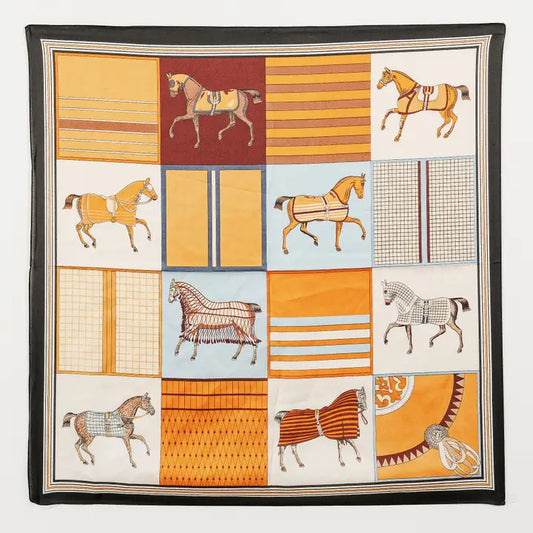 Equestrian Print Silk-Texture Elegant Square Scarf