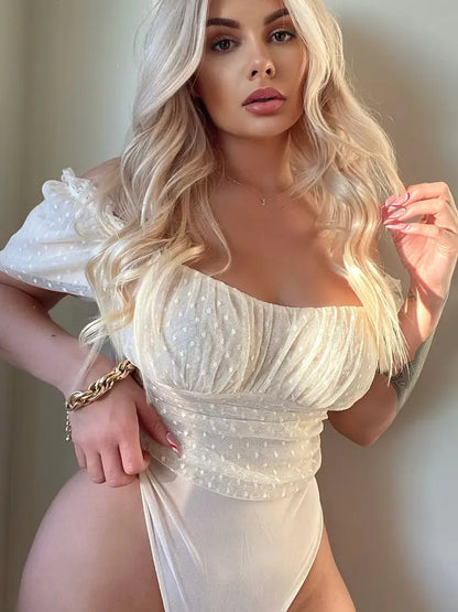 Dot Mesh Puff Sleeve Bodysuits