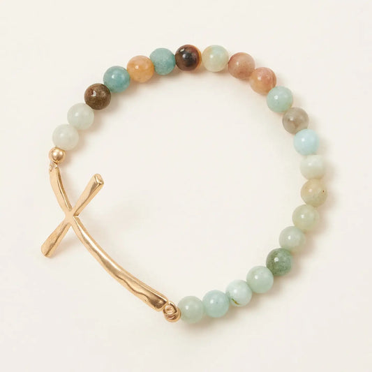 Cross Charm Stone Beaded Stretch Bracelet