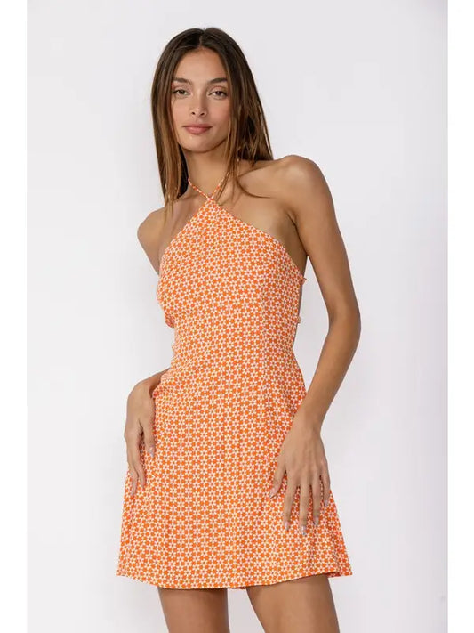 Floral Crossed Halter Open Back Mini Dress