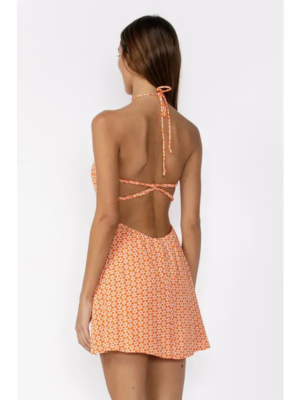 Floral Crossed Halter Open Back Mini Dress