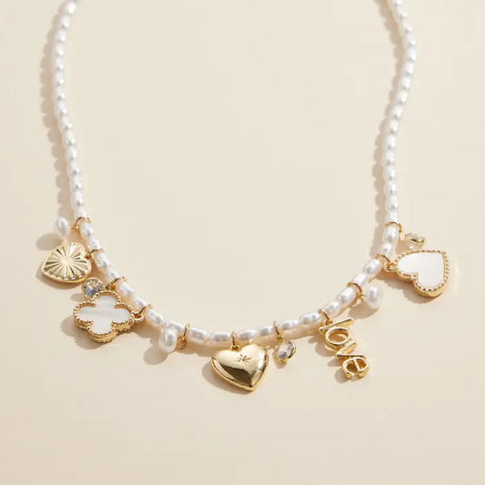 Pearl Charm Necklace with Gold & Silver Heart Pendant