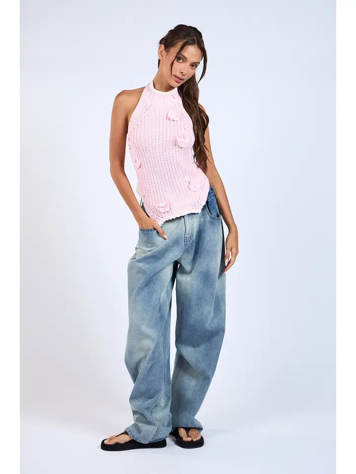 Backless Double Tie Flower Point Knit Sweater Top