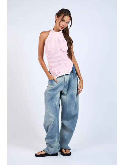 Backless Double Tie Flower Point Knit Sweater Top