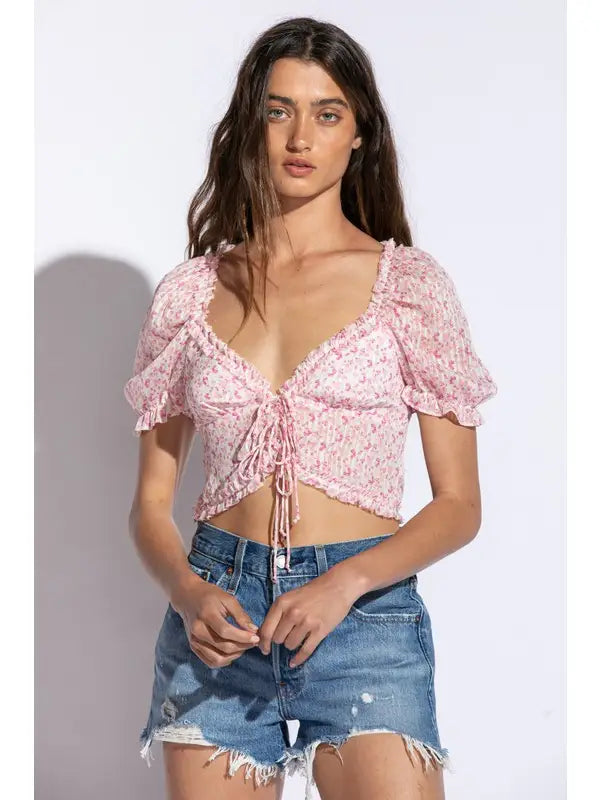 Floral Square Neck Short Puff Sleeve Crop Top