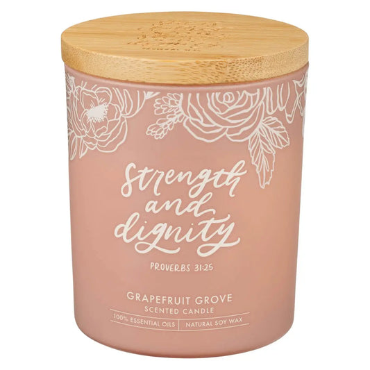 Glass Candle with Bamboo Lid Pink Strength & Dignity Prov 31:25