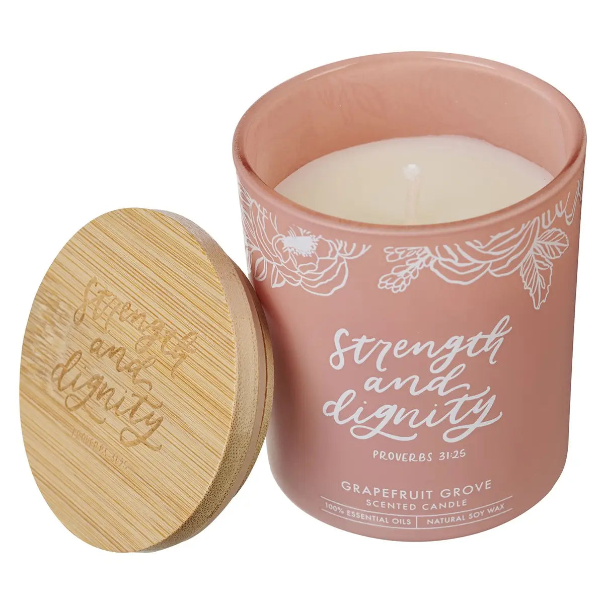Glass Candle with Bamboo Lid Pink Strength & Dignity Prov 31:25