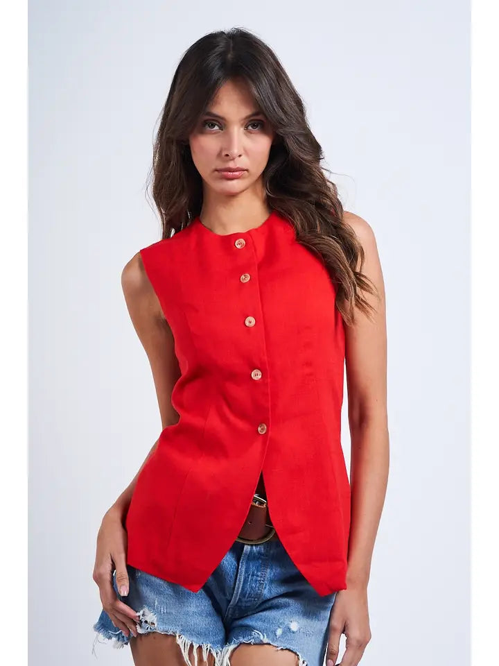 Linen Solid Color Front Button Vest Style Top