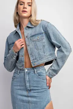 Denim Crop Jacket Rhinestone