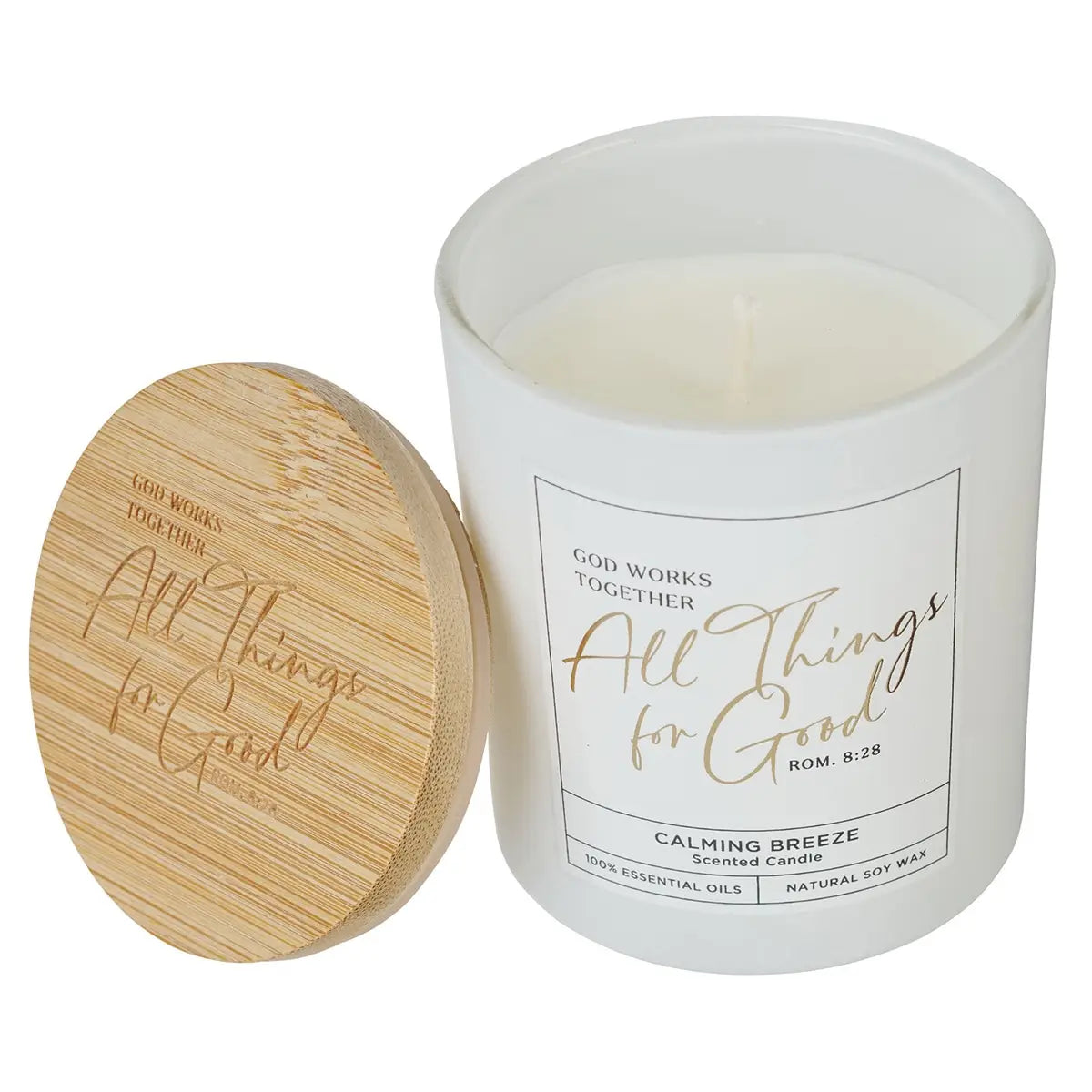 Glass Candle with Bamboo Lid White God Works Rom. 8:28