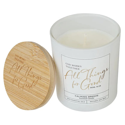 Glass Candle with Bamboo Lid White God Works Rom. 8:28