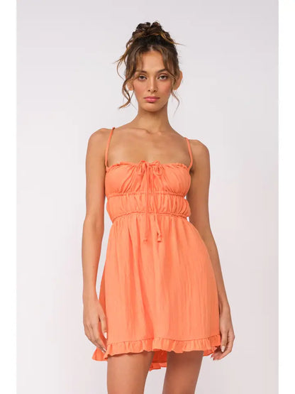 Solid Open Back Ties Ruffle Trim Mini Dress