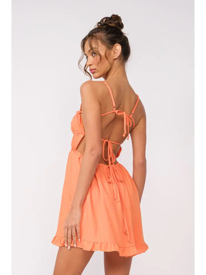 Solid Open Back Ties Ruffle Trim Mini Dress