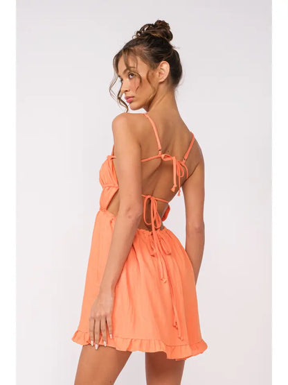 Solid Open Back Ties Ruffle Trim Mini Dress