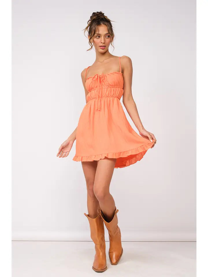 Solid Open Back Ties Ruffle Trim Mini Dress