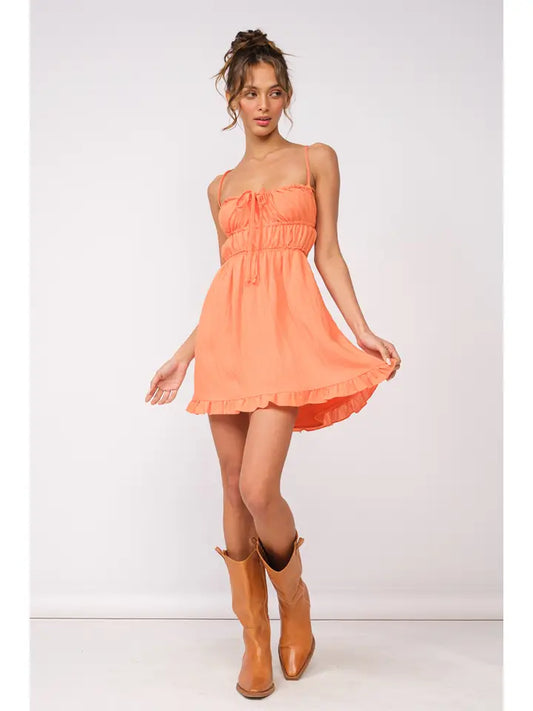Solid Open Back Ties Ruffle Trim Mini Dress