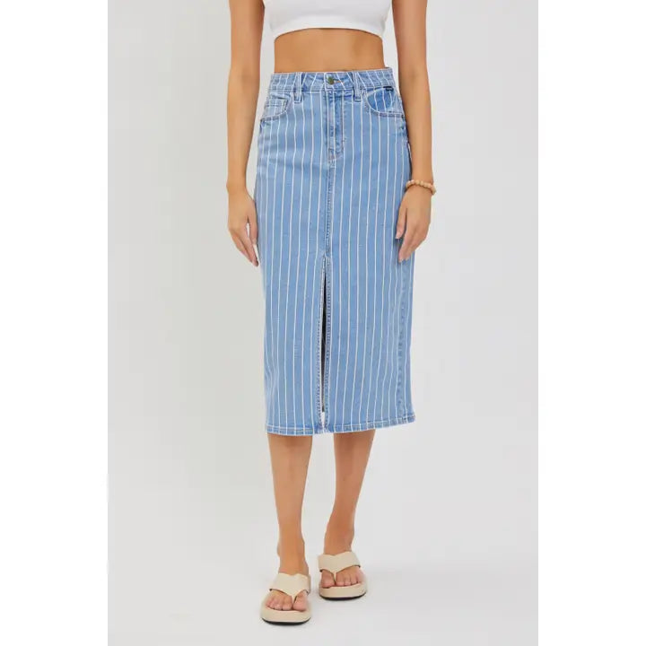 Striped High Rise Midi Skirt with Front Slit