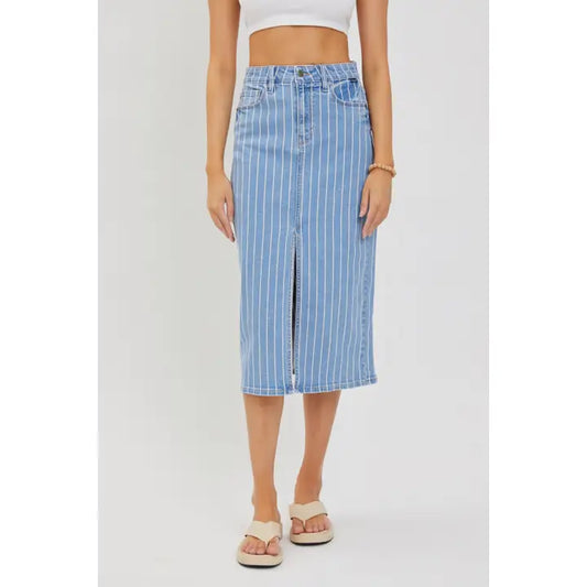 Striped High Rise Midi Skirt with Front Slit