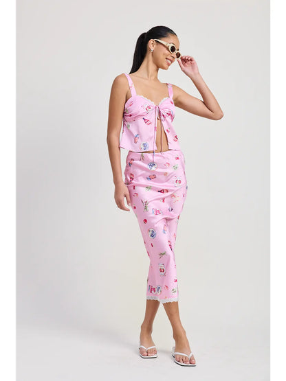 Printed Satin Fly Away Top with Lace Trim