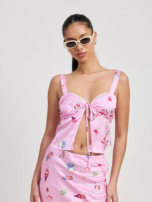 Printed Satin Fly Away Top with Lace Trim