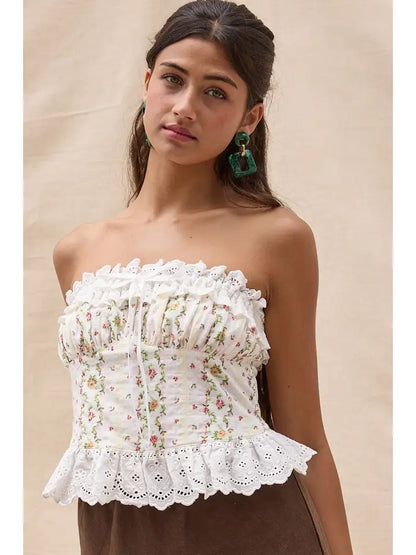 Striped Floral Ruffle Lace Tube Crop Top