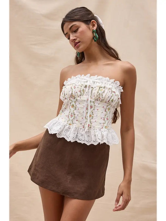 Striped Floral Ruffle Lace Tube Crop Top